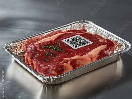 QR code on steak, tray, metal surface