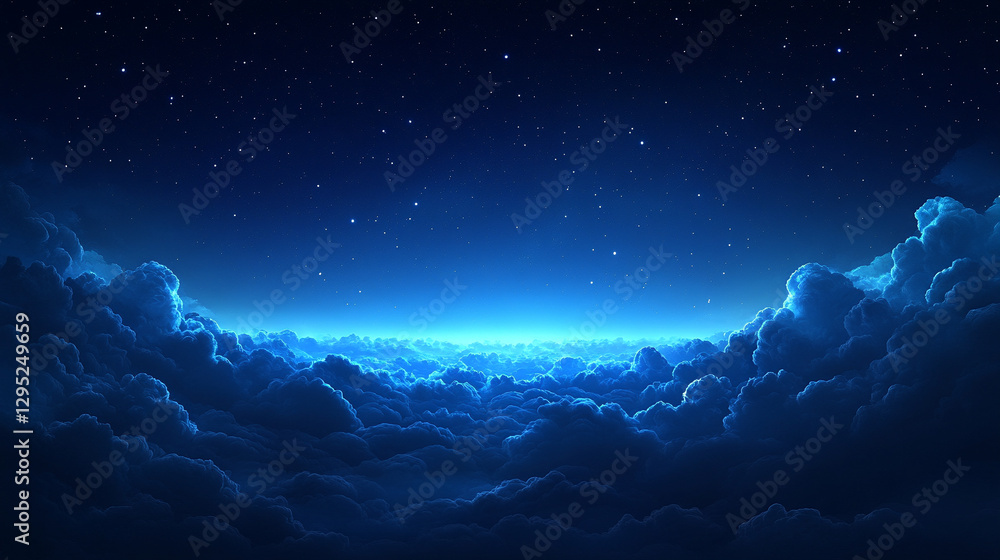 Obraz premium Hyperrealistic night sky with deep blue hues, glowing stars and wispy clouds, symbolizing mystery, infinite possibilities, and cosmic wonder in a modern artistic atmosphere