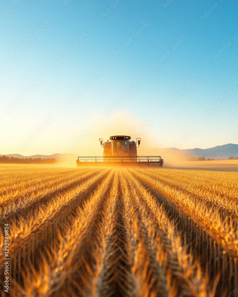 Fototapeta premium Golden Hour Precision Agriculture High-Performance Wheat Harvesting Showcasing Smart Farming Innovation and Sustainable Food Production Technology