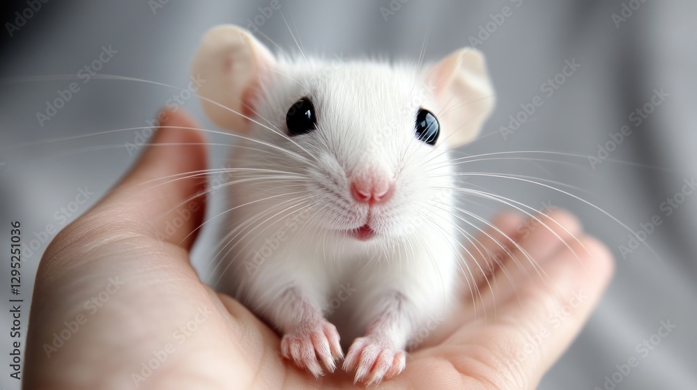 White rat held in hand, soft focus background White rat held in hand, soft focus background