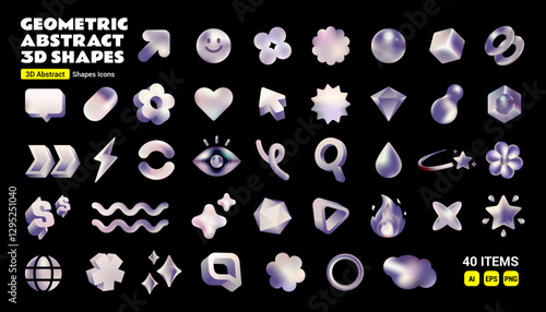 Geometric Abstract 3D Shapes Icons Set Silver Metallic color, Futuristic holographic isolated element vector illustration collection