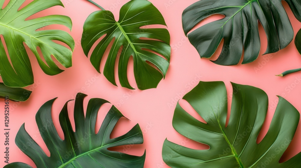 Fototapeta premium Vibrant tropical leaves in a flat lay design, embodying simplicity and summer essence. 