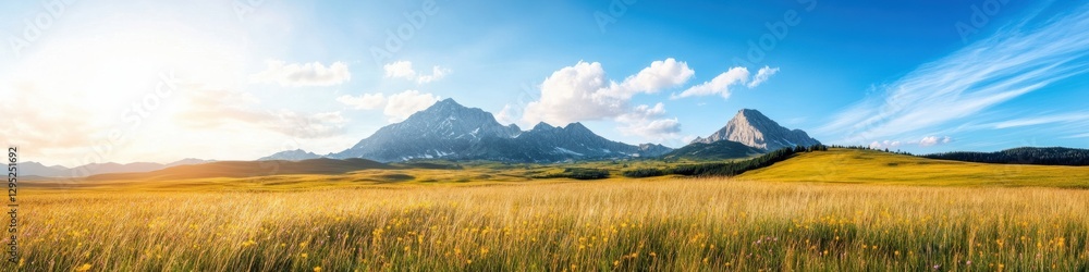 Fototapeta premium Epic Alpine Wilderness Golden Meadow Panorama Inspiring Eco-Adventure Marketing with Expansive Mountain Freedom and Sustainable Outdoor Lifestyle Narrative