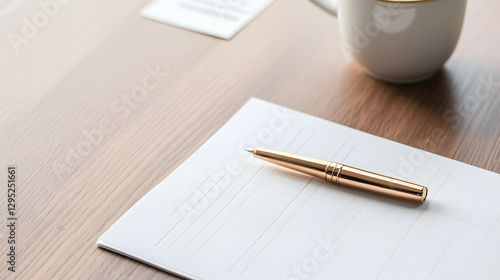 A carefully designed smart goal-setting worksheet occupies the center of a wooden desk, with structured sections labeled for effective planning. A pen with a gold accent rests elegantly on the page.