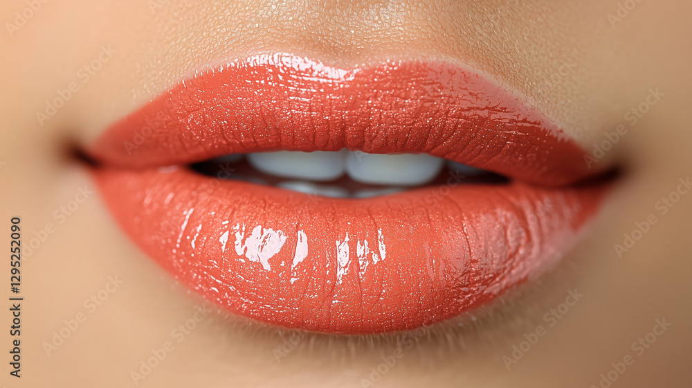 Close up of glossy coral lips with smooth texture, showcasing vibrant and polished appearance. lips are slightly parted, revealing hint of white teeth, emphasizing shine and color contrast Close up of glossy coral lips with smooth texture, showcasing vibrant and polished appearance. lips are slightly parted, revealing hint of white teeth, emphasizing shine and color contrast