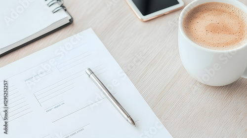 A smart goal-setting worksheet is placed neatly on a wooden desk, with bullet points outlining key objectives. A silver pen rests on the page, its polished surface reflecting soft light. A cup of