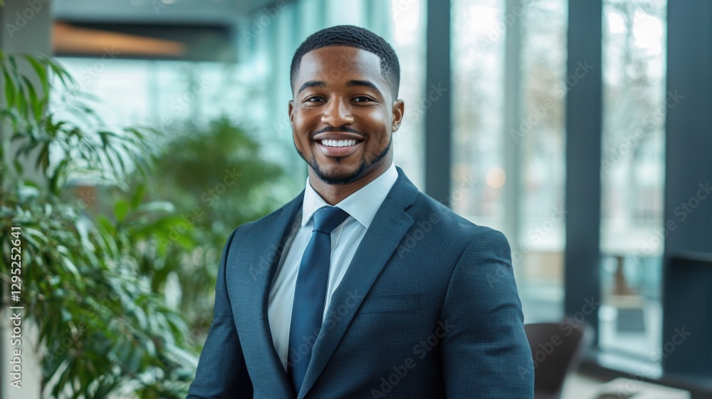 Smiling businessman in a suit, looking professional and confident while standing in a modern office environment Smiling businessman in a suit, looking professional and confident while standing in a modern office environment