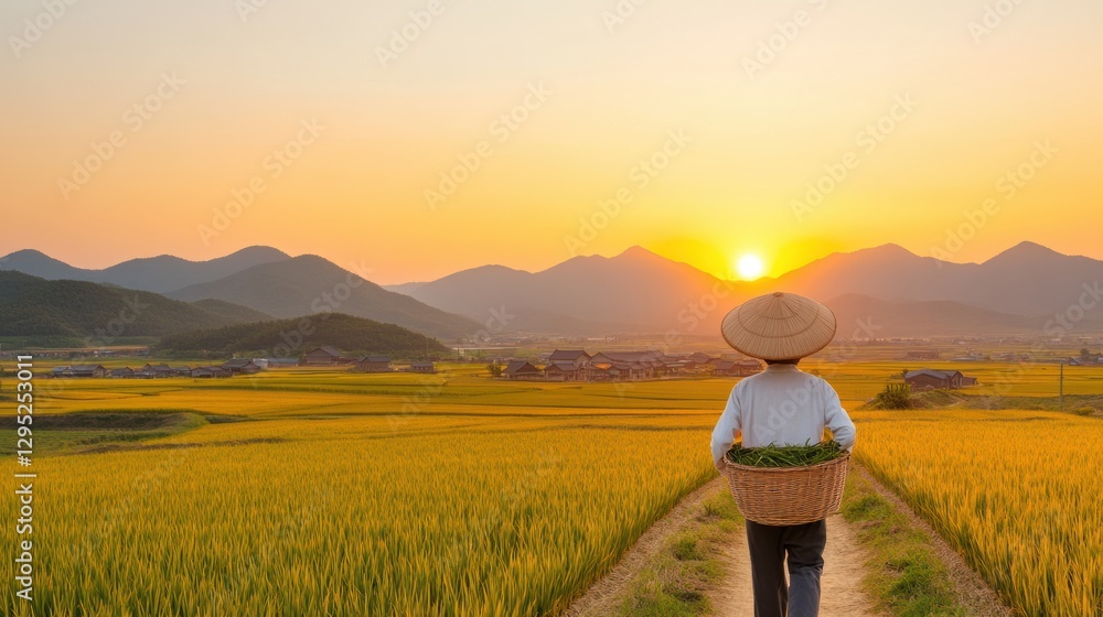Fototapeta premium Mindful Harvest Slow Living and Sustainable Agriculture in Golden Korean Rice Fields - Eco-Friendly Lifestyle Capturing Rural Wellness
