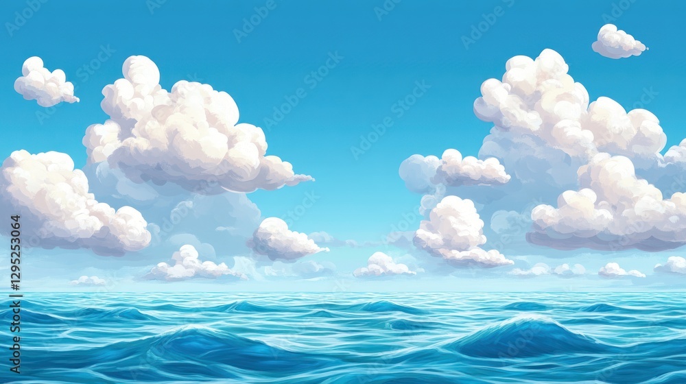 Wide view of a calm ocean under a vast blue sky with puffy clouds Wide view of a calm ocean under a vast blue sky with puffy clouds