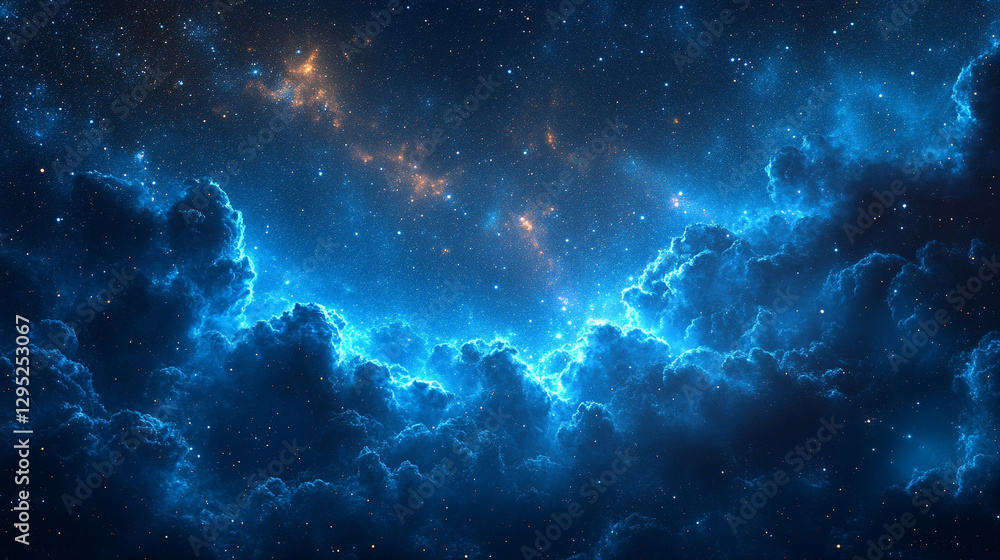 Fototapeta premium Hyperrealistic night sky with deep blue hues, glowing stars and wispy clouds, symbolizing mystery, infinite possibilities, and cosmic wonder in a modern artistic atmosphere