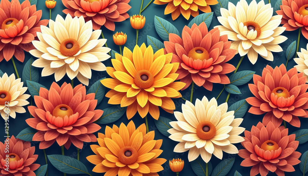 Fototapeta premium Sunflower pattern with warm tones and colorful petals