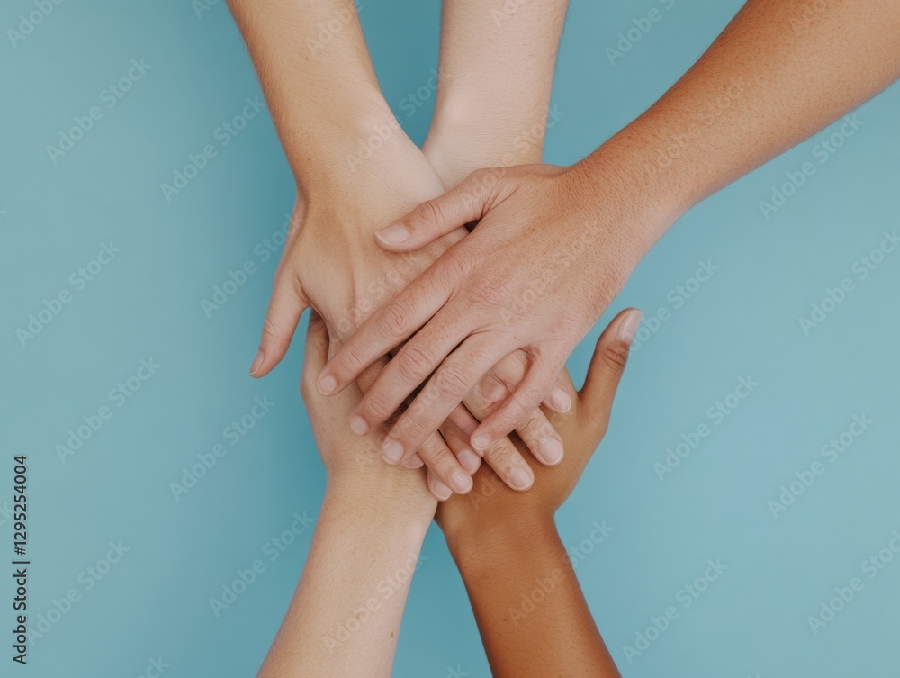 Obraz premium Inclusive Unity Branding Multicultural Hands Connecting in Minimalist Blue Workspace - Empowerment, Collaboration, and Diverse Team Synergy