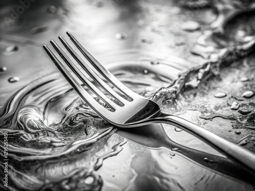 Glistening Fork, Dynamic Movement, Marble, Black & White, Feminine Style Stock Photo