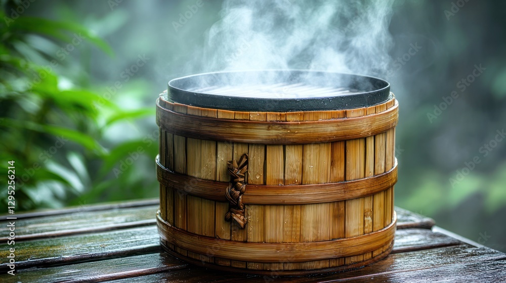 Steaming bamboo container in rain forest setting Steaming bamboo container in rain forest setting