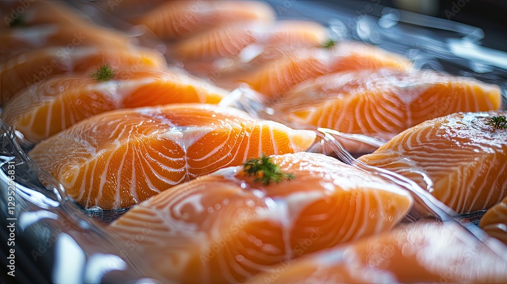Fresh Salmon Filets on Display with Vibrant Orange Color and Texture
