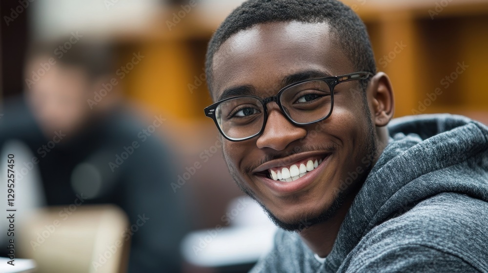 Fototapeta premium Smiling young man wearing glasses. Ideal for education, success, and positive themes.