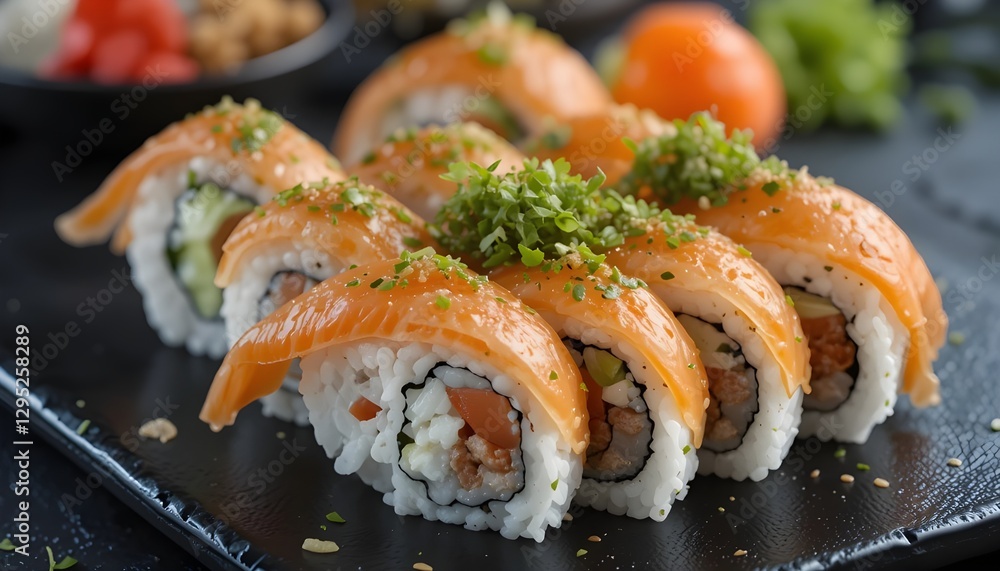 sushi, photorealistic, top shot, resting on a black table sushi, photorealistic, top shot, resting on a black table