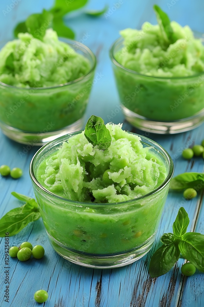 Refreshing Green Pea Sorbet in Glass Bowls Refreshing Green Pea Sorbet in Glass Bowls