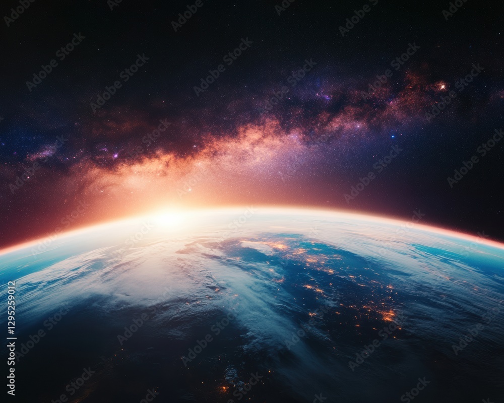 Fototapeta premium Cosmic Perspective Immersive Earth Vista with Galactic Milky Way - Next-Generation Space Exploration and Climate Visualization Technology