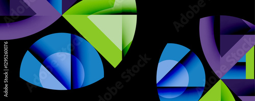 Abstract geometric artwork with interwoven angular and curved shapes, dynamic composition with smooth gradients and bold contrasts