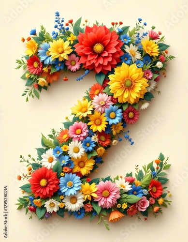 letter, A, floral, flowers, vibrant, colorful, artistic, elegant, design, organic, natural, red, yellow, pink, blue, white, blooms, green, leaves, accents, beige, background, soft, texture, warm, 