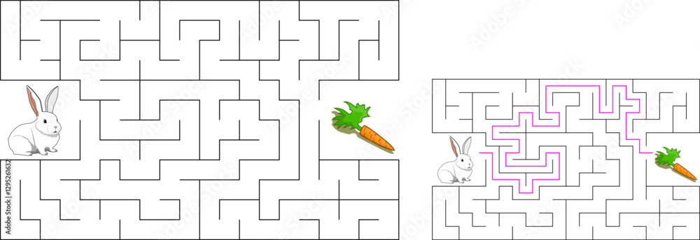 Obraz premium Help a white rabbit pass through rectangular maze to find a carrot. Feed the hungry bunny labyrinth. Easy difficulty level riddle for kids and their parents. Solution included