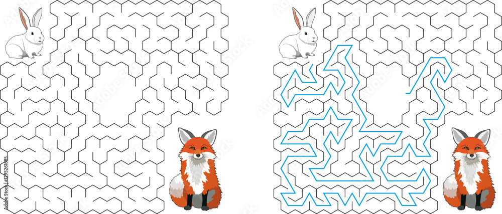 Help a rabbit pass through square maze with hexagonal cell to find carrot and avoid the fox. Feed the hungry rabbit labyrinth. Not hard riddle for kids and parents with solution