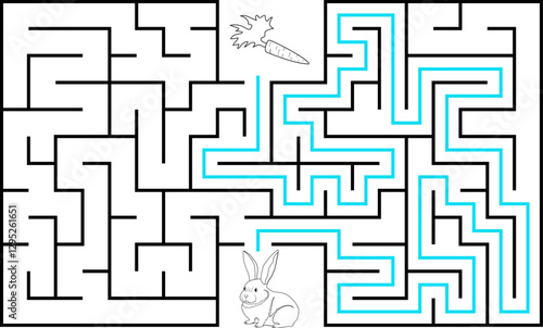 Help a white rabbit pass through rectangular maze to find a carrot. Feed the hungry bunny labyrinth. Easy difficulty level riddle for kids and their parents. Solution included