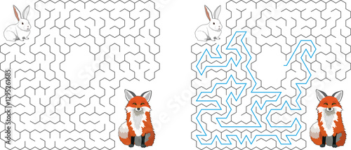 Help a rabbit pass through square maze with hexagonal cell to find carrot and avoid the fox. Feed the hungry rabbit labyrinth. Not hard riddle for kids and parents with solution