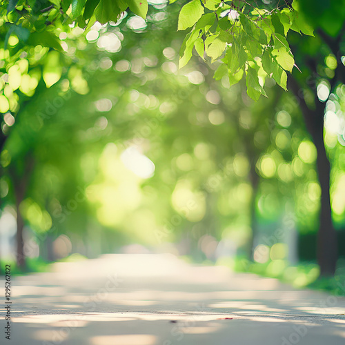 serene, sunlit pathway lined with lush green trees creates peaceful and inviting atmosphere. soft focus and dappled sunlight enhance tranquil setting, perfect for leisurely stroll