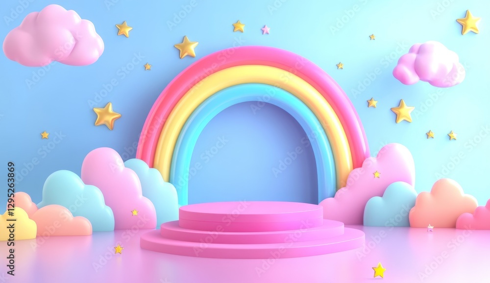 Pastel rainbow podium display with clouds and stars Pastel rainbow podium display with clouds and stars