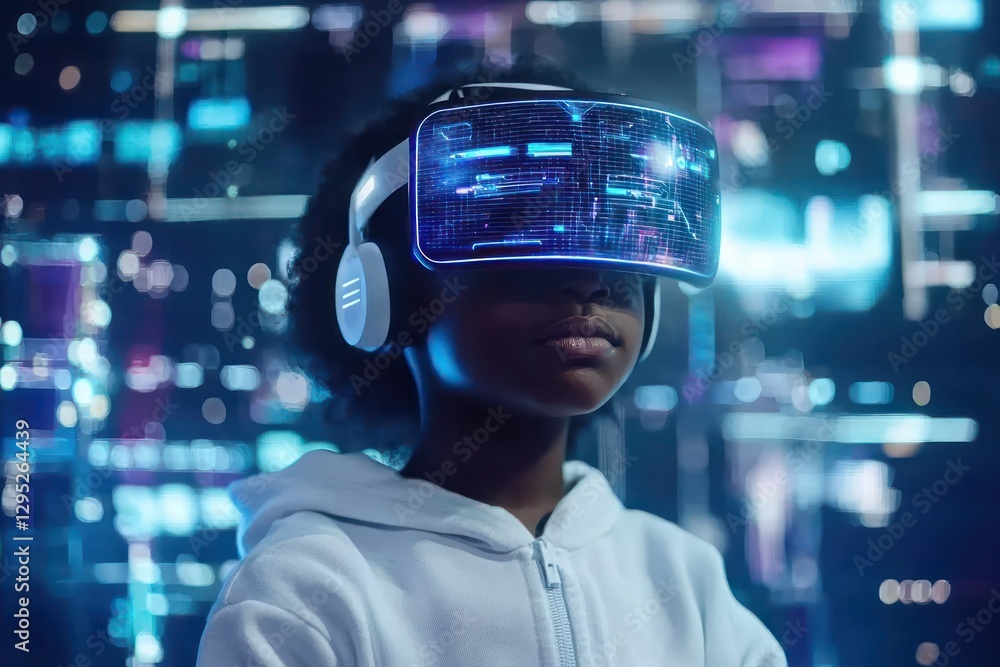 AI aids young Black child in virtual communication. AI aids young Black child in virtual communication.