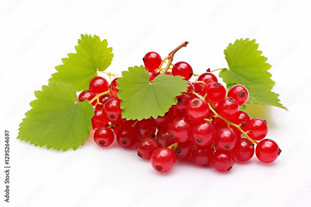 Bunch of ripe red currants sits on white surface, surrounded by bright green leaves, showcasing freshness and vibrancy of summer fruits. Bunch of ripe red currants sits on white surface, surrounded by bright green leaves, showcasing freshness and vibrancy of summer fruits.