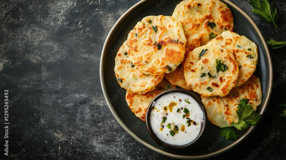 Delicious Savory Indian Pancakes Served with Yogurt Dip Delicious Savory Indian Pancakes Served with Yogurt Dip