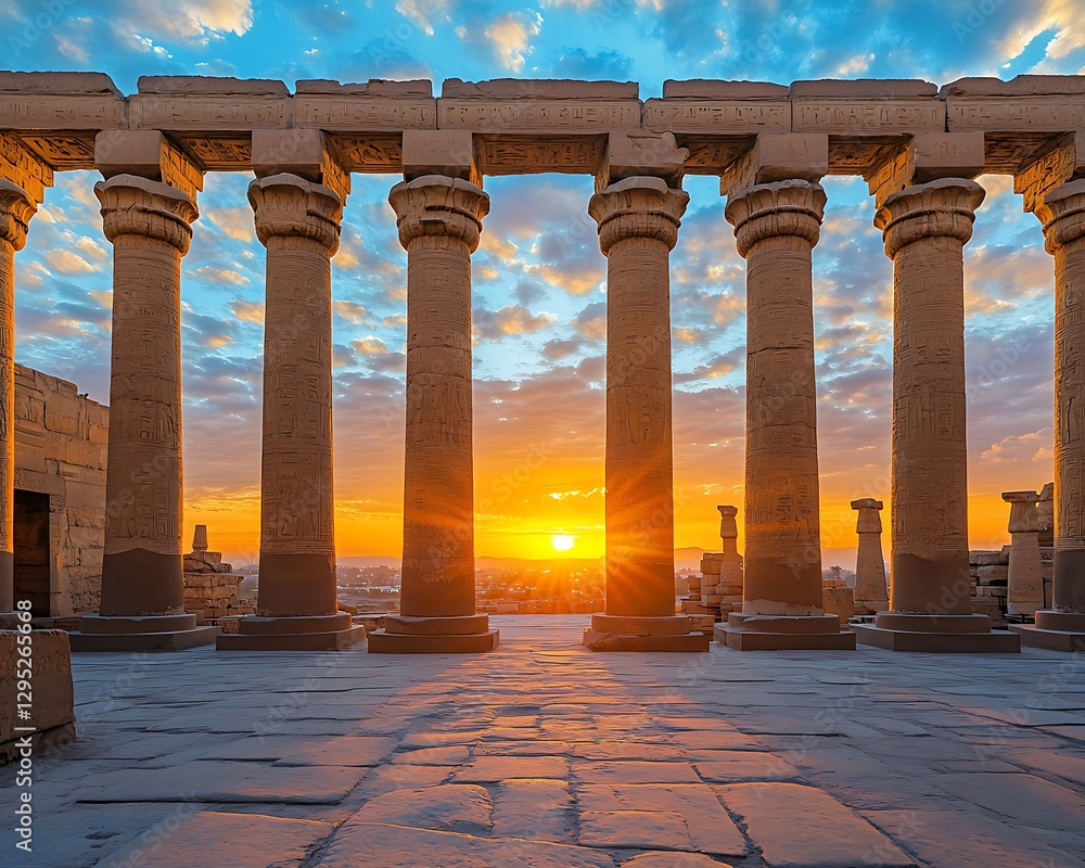 Fototapeta premium Ancient Columns Stand Before A Sunset Over A City
