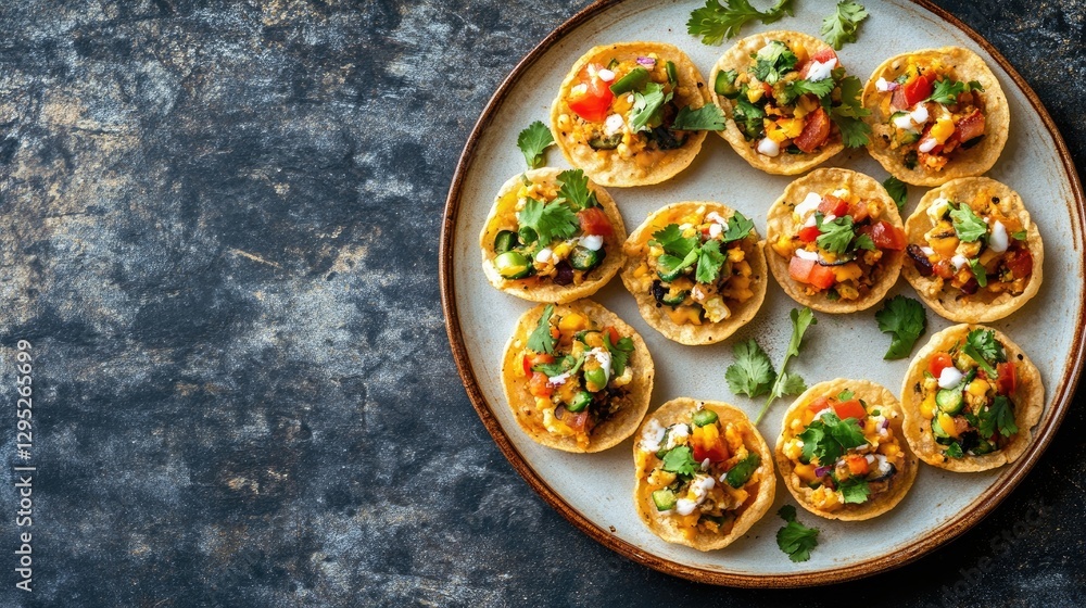 Colorful Array of Delicious Vegetarian Mini Tacos on a Plate Colorful Array of Delicious Vegetarian Mini Tacos on a Plate