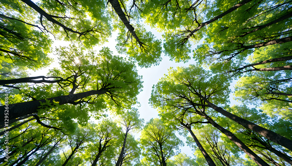 Fototapeta premium Looking Up at a Canopy of Tall Trees with Sunlight Filtering Through the Green Leaves