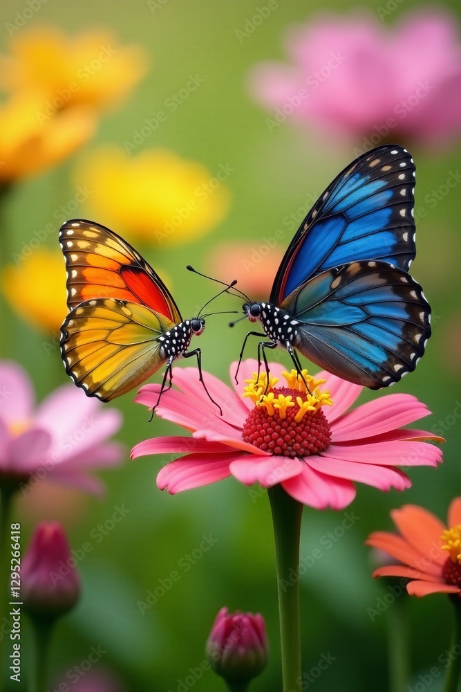 Close up of two colorful butterflies nectaring on beautiful blooming flowers in a summer field, butterflies, blooming, nectaring Close up of two colorful butterflies nectaring on beautiful blooming flowers in a summer field, butterflies, blooming, nectaring