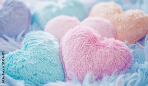 Pastel heart pillows on fluffy bed, soft focus, romantic background