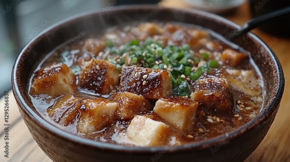 Steaming bowl of tofu in dark brown sauce, restaurant setting Steaming bowl of tofu in dark brown sauce, restaurant setting