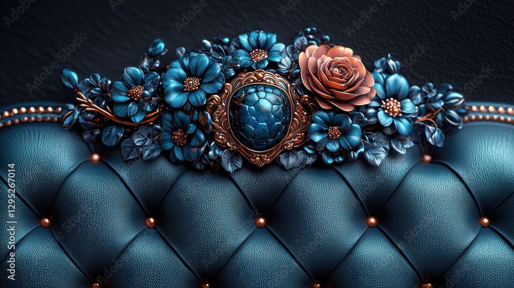 Naklejka premium Luxurious Teal Leather Chesterfield Headboard with Ornate Floral and Gemstone Accents