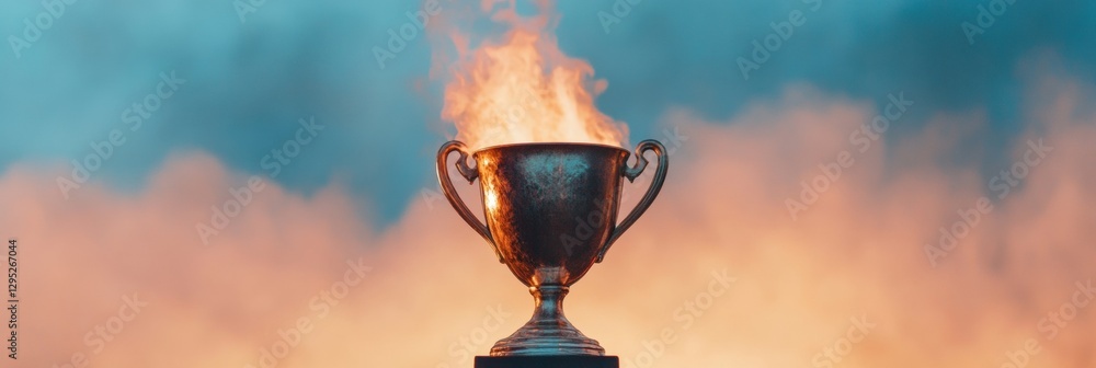 Naklejka premium Neo-Classical Metal Trophy with Fiery Background Symbol of Academic Excellence - Inspirational Content for Educational Awards and Dynamic Marketing Visuals