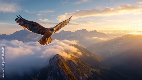 Majestic bird soaring above breathtaking mountain landscape at sunset with clouds below