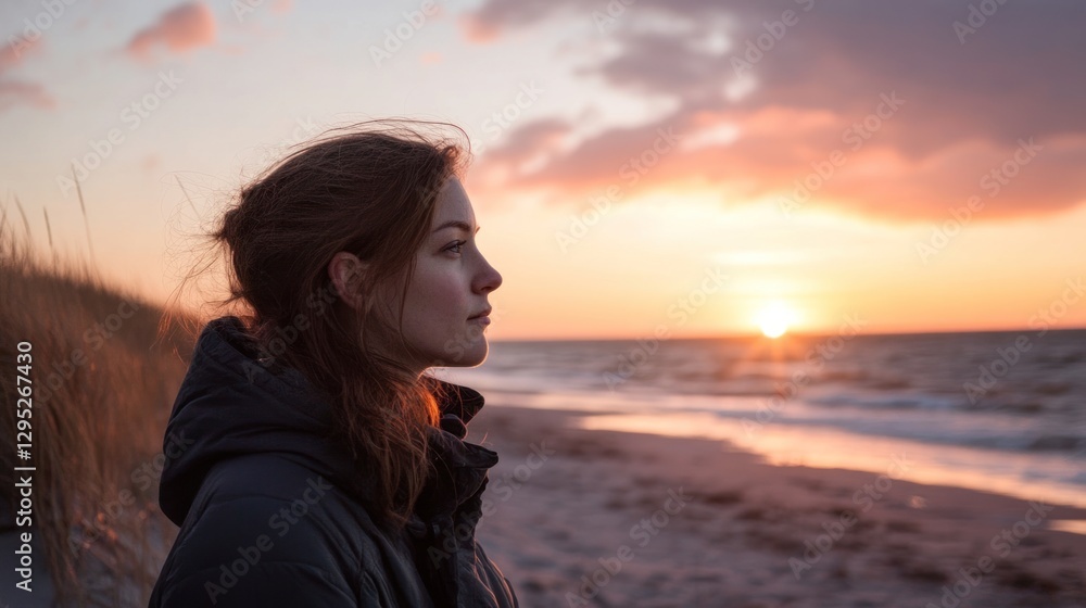 Fototapeta premium Woman Contemplating Sunset Beach Scene (1)