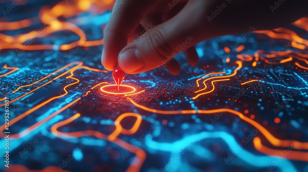 Naklejka premium Futuristic geolocation interface with a 3D digital map, illuminated routes, and GPS tracking – AI-powered navigation and smart city transport system