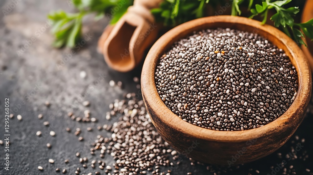 Chia Seeds in Wooden Bowl: Healthy Eating, Superfood, Nutrition Chia Seeds in Wooden Bowl: Healthy Eating, Superfood, Nutrition