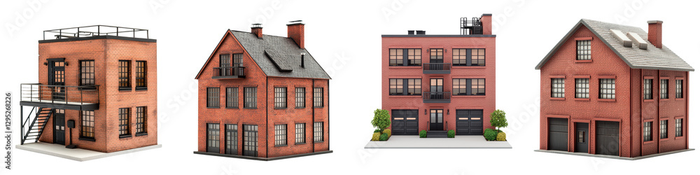 Naklejka premium A collection of traditional brick townhouses and historic residential building facades lining the streets of a quaint urban neighborhood showcasing a variety of architectural styles and designs
