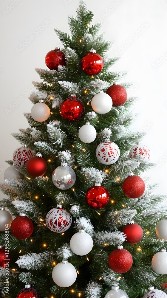 Snow-Covered Christmas Tree with Red and Silver Ornaments Snow-Covered Christmas Tree with Red and Silver Ornaments