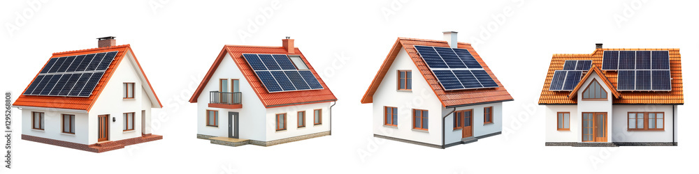 Fototapeta premium Eco Friendly Solar Powered Residential Homes in Suburban Neighborhood Modern sustainable and energy efficient houses with solar panels on the roofs