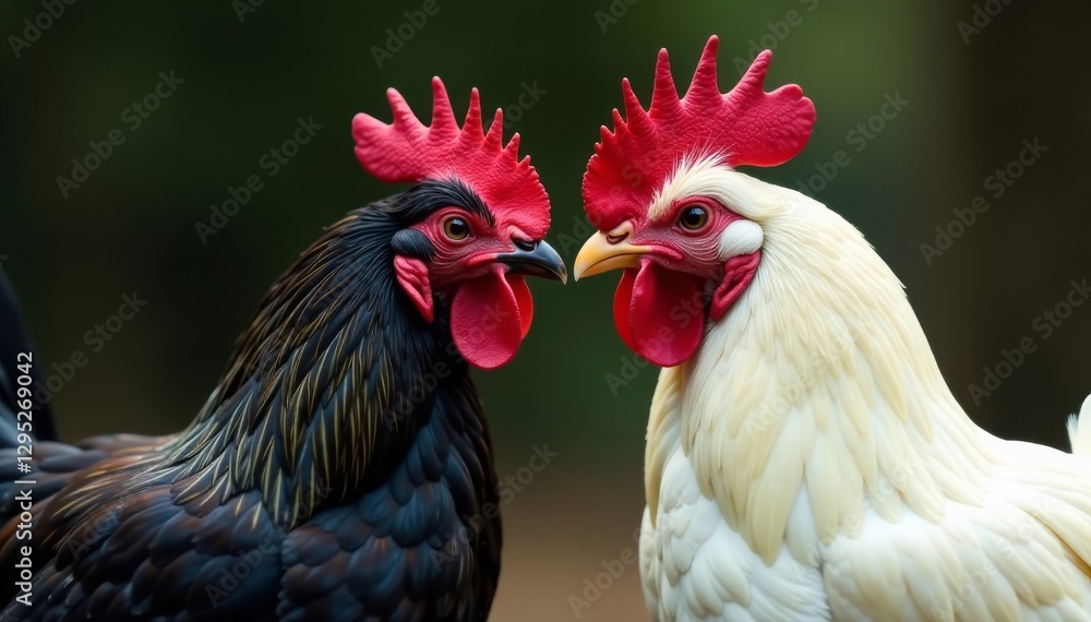 Fototapeta premium Close-up of white rooster and black hen mating , galliformes, animal breeding